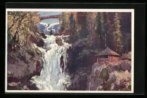 Künstler-AK Karl Ludwig Prinz: Lassingfall, Wasserfall mit Brücke