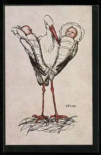 Künstler-AK Franz Stuck: Storch trägt zwei Babys in den Flügeln