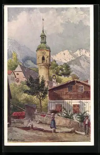 Künstler-AK E.F. Hofecker: Innsbruck, Leute vor der Höttinger Kirche