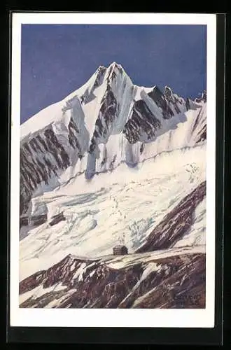 Künstler-AK Bruno Hess: Grossglockner, Oberwalderhütte mit Grossglockner