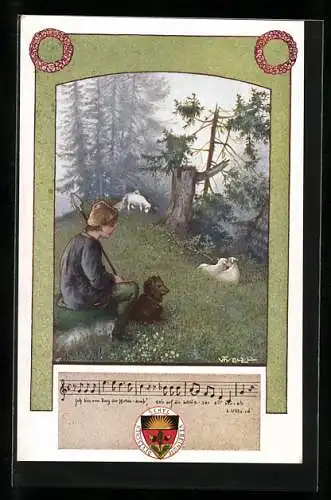 Künstler-AK T. Welzl, Deutscher Schulverein Nr. 98: Hirtenbub mit Schafen und Hund