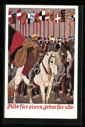 Künstler-AK Karl Alex Wilke: Alle für einen, jeder für alle, Mittelalterliche Heerschar