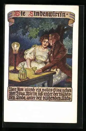 Künstler-AK Karl Alex Wilke: Deutscher Schulverein NR 31, Die Lindenwirtin, Vor ihm stund ein volles Glass...
