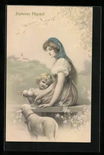 Künstler-AK Wichera: Ostergrüsse, Bäuerin mit kleinem Blondschopf und Osterlamm