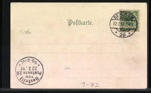 Lithographie Berlin, 100 jährige Geburtstagsfeier Kaiser Wilhelm I.1897, Kaiser-Statue vom National-Denkmal