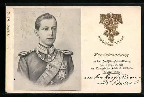 AK Kronprinz Wilhelm von Preussen in Uniform, Grossjährigkeitserklärung 6. Mai 1900, Das goldene Vliess