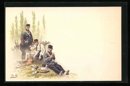 Lithographie Französische Soldaten beim Essen im Feld