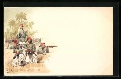 Lithographie Franz. Kolonialtruppen der Infanterie