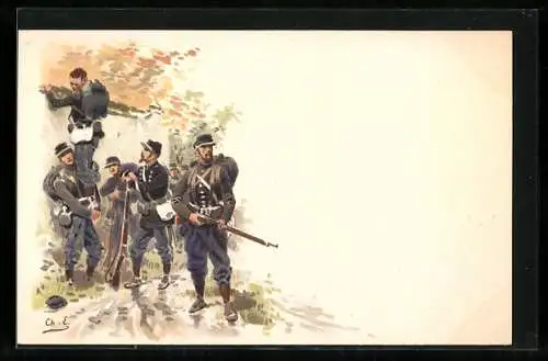 Künstler-AK Französische Infanteristen spähen über eine Mauer