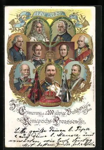 AK Kaiser Wilhelm I. und seine Vorfahren, Portraits, 1701-1901, Fahnen, gerahmte Ansichten