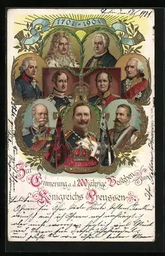 AK Kaiser Wilhelm I. und seine Vorfahren, Portraits, 1701-1901, Fahnen, gerahmte Ansichten