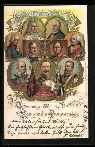 AK Kaiser Wilhelm I. und seine Vorfahren, Portraits, 1701-1901, Fahnen, gerahmte Ansichten