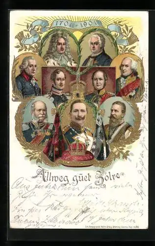 AK Kaiser Wilhelm I. und seine Vorfahren, Portraits, 1701-1901, Fahnen, gerahmte Ansichten