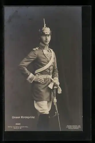 AK Uniformfoto Kronprinz Wilhelm von Preussen mit Pickelhaube u. Ringkragen