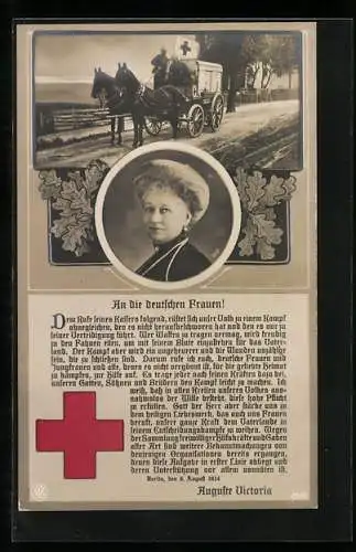 AK Rotes Kreuz, Kaiserin Auguste Victoria von Preussen, Text vom 5.8.1914, Sanitätswagen