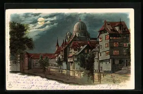 Lithographie Nürnberg, Blick von der Pegnitz auf die Synagoge