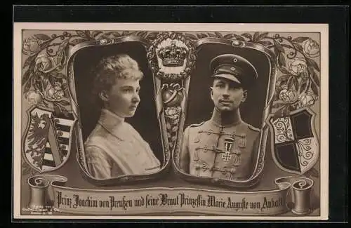 AK Prinz Joachim von Preussen und seine Braut Prinzessin Marie Auguste von Anhalt, Wappen, Rahmen