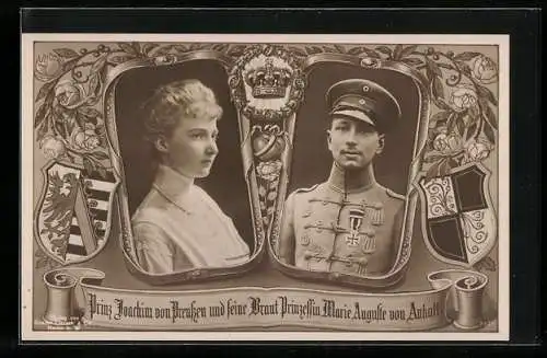 AK Prinz Joachim von Preussen und seine Braut Prinzessin Marie Auguste von Anhalt, Wappen, Rahmen