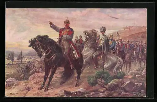 Künstler-AK Unser Kaiser an der Spitze seiner Heerführer, gez. A. Fischer, 1915