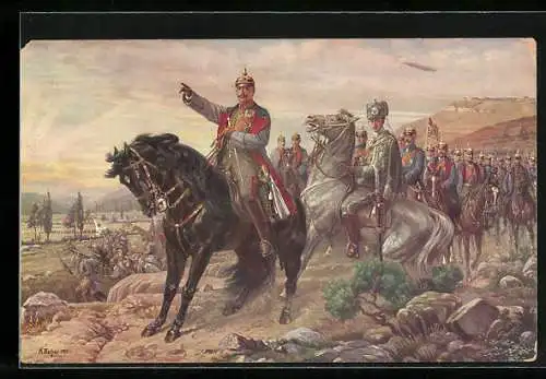 Künstler-AK Unser Kaiser an der Spitze seiner Heerführer, gez. A. Fischer, 1915