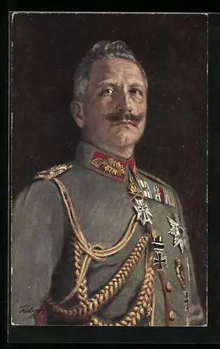 Künstler-AK Kaiser Wilhelm II. in ordensbehängter Uniform