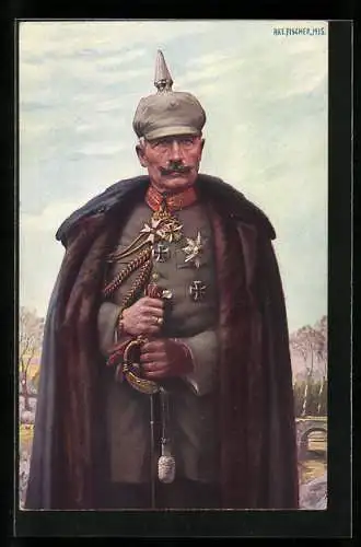 AK Kaiser Wilhelm II. im Pelzmantel mit Pickelhaube, Orden Und Degen