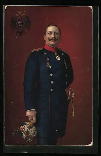 AK Kaiser Wilhelm II. in Uniform mit Pickelhaube in der Hand