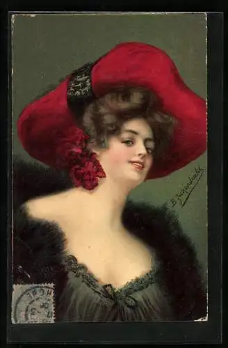 Künstler-AK hübsche Frau mit Blumenblüten im Haar trägt roten Hut