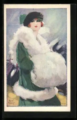 Künstler-AK sign. Rene Méras: Elegante Dame im Wintermantel mit Muff