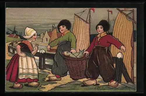 Künstler-AK sign. J. Wells: niederländische Fischerknaben