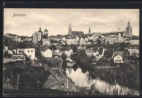 AK Bautzen, Ortsansicht mit Fluss aus der Vogelschau