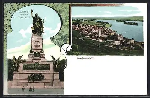 AK Rüdesheim am Rhein, National-Denkmal a. d. Niederwald, Blick über den Ort