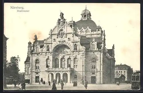 AK Nürnberg, Am Stadttheater, mit Strassenbahnen