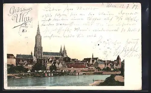 AK Ulm / Donau, Flusspartie mit Münster