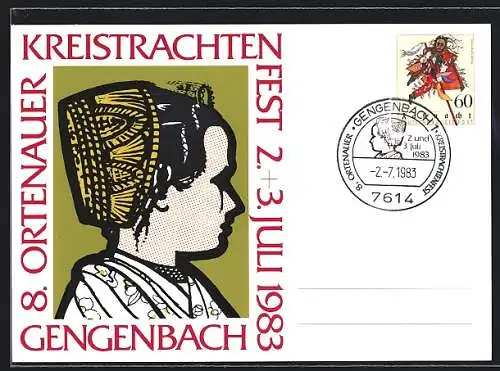 AK Gengenbach, 8. Ortenauer Kreistrachtenfest 1983, Frau in Tracht, Sonderstempel