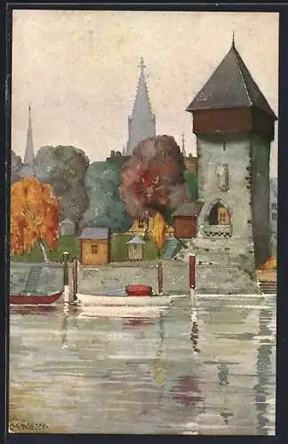 Künstler-AK Konstanz, Rheintorturm & Münster