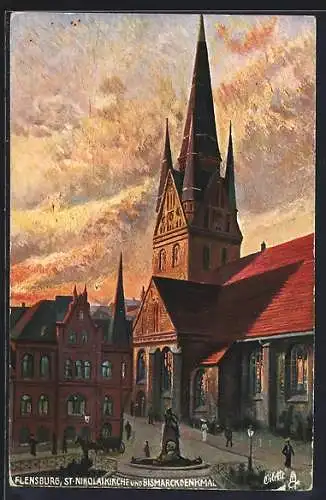 Künstler-AK Flensburg, St. Nikolaikirche und Bismarck-Denkmal