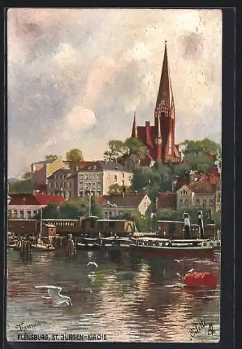 Künstler-AK Flensburg, St. Jürgen-Kirche