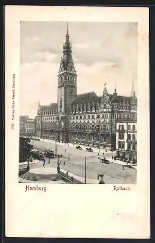 AK Hamburg, Strassenbahnen vor dem Rathaus