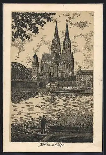 Künstler-AK Köln a. Rh., Blick über den Fluss zum Dom