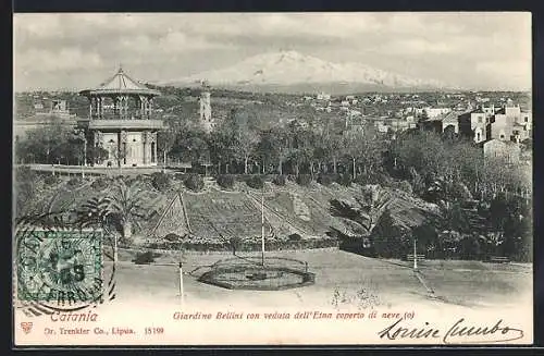 AK Catania, Giardino Bellini con veduta dell` Etna cperta di neve