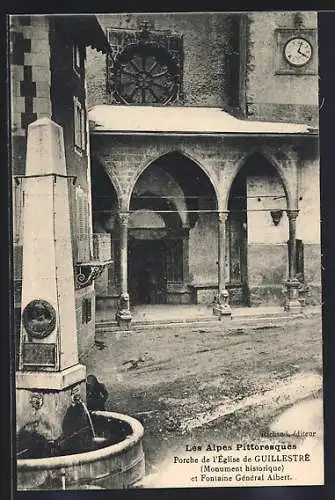 AK Guillestre /Alpes, Porche de l`Église et Fontaine Général Albert