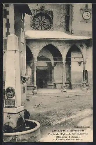 AK Guillestre /Alpes, Porche de l`Église et Fonatine Général Albert