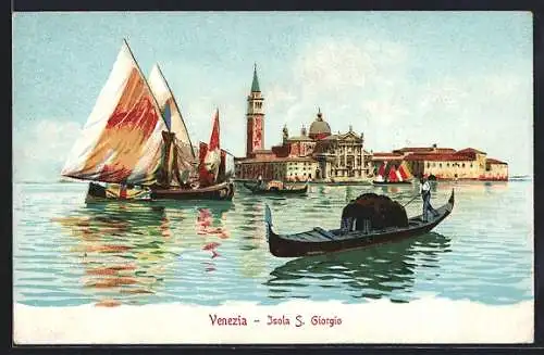 Lithographie Venezia, Isola S. Giorgio, Gondel, Segelboot