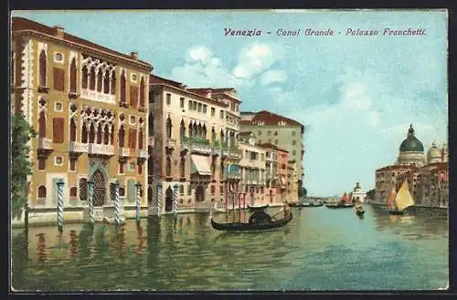 AK Venezia, Canal Grande, Palazzo Franchetti, Gondoliere mit seiner Gondel