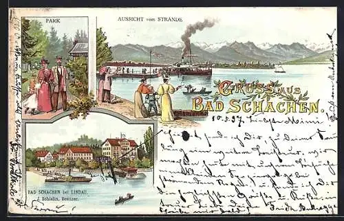 Lithographie Bad Schachen bei Lindau, Flaneure im Park, Aussicht vom Strand, Ortsansicht mit Raddampfer