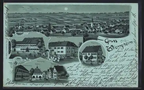 Mondschein-Lithographie Wiernsheim, Gasthaus z. Waldhorn, Marktplatz, Rathaus, Geschäftshaus H. Preisendanz