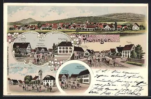 Lithographie Thuningen, Gasthäuser zur Krone und zum Ochsen, Schulhaus, Restaurant J. Strobel, Post