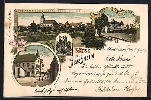 Lithographie Ilvesheim, Gasthaus u. Post zur Krone v. H. Jaeger, Blinden-Heilanstalt