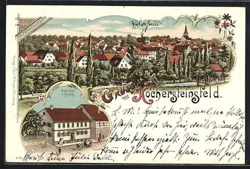 Lithographie Kochersteinsfeld, Gasthaus z. Hirsch, Ortsansicht